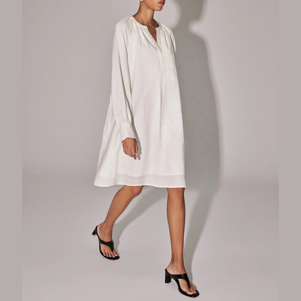 Ivory Lightweight Notched Neck Long Sleeve Swing Shift Shirt Dress